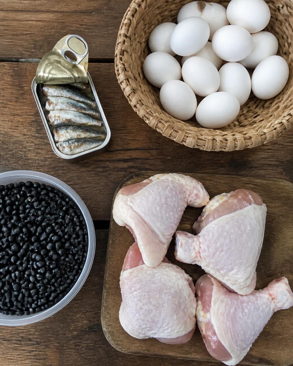 Sardinha em lata, ovos, frango com osso e feijão preto — proteínas acessíveis brasileiras