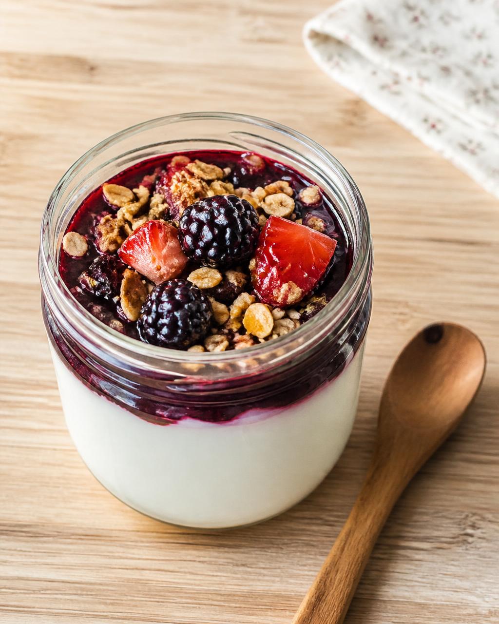 Pote de iogurte natural com geleia caseira de frutas vermelhas e granola artesanal